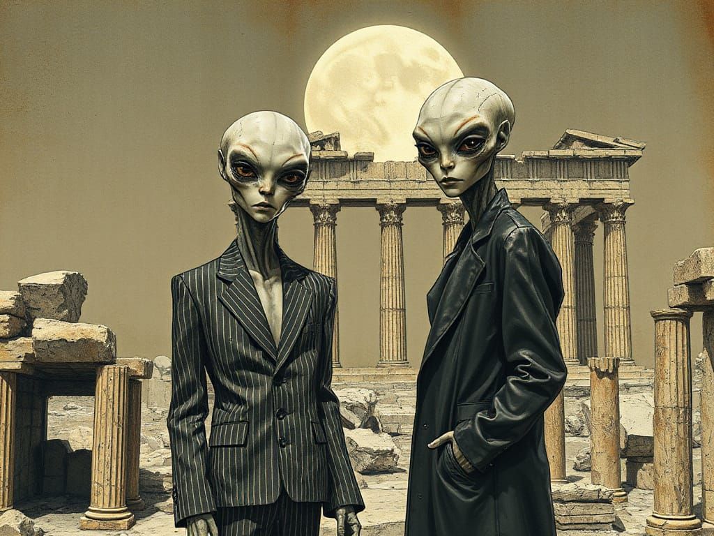 Androgynous Aliens in Ruined Temple Under Full Moon