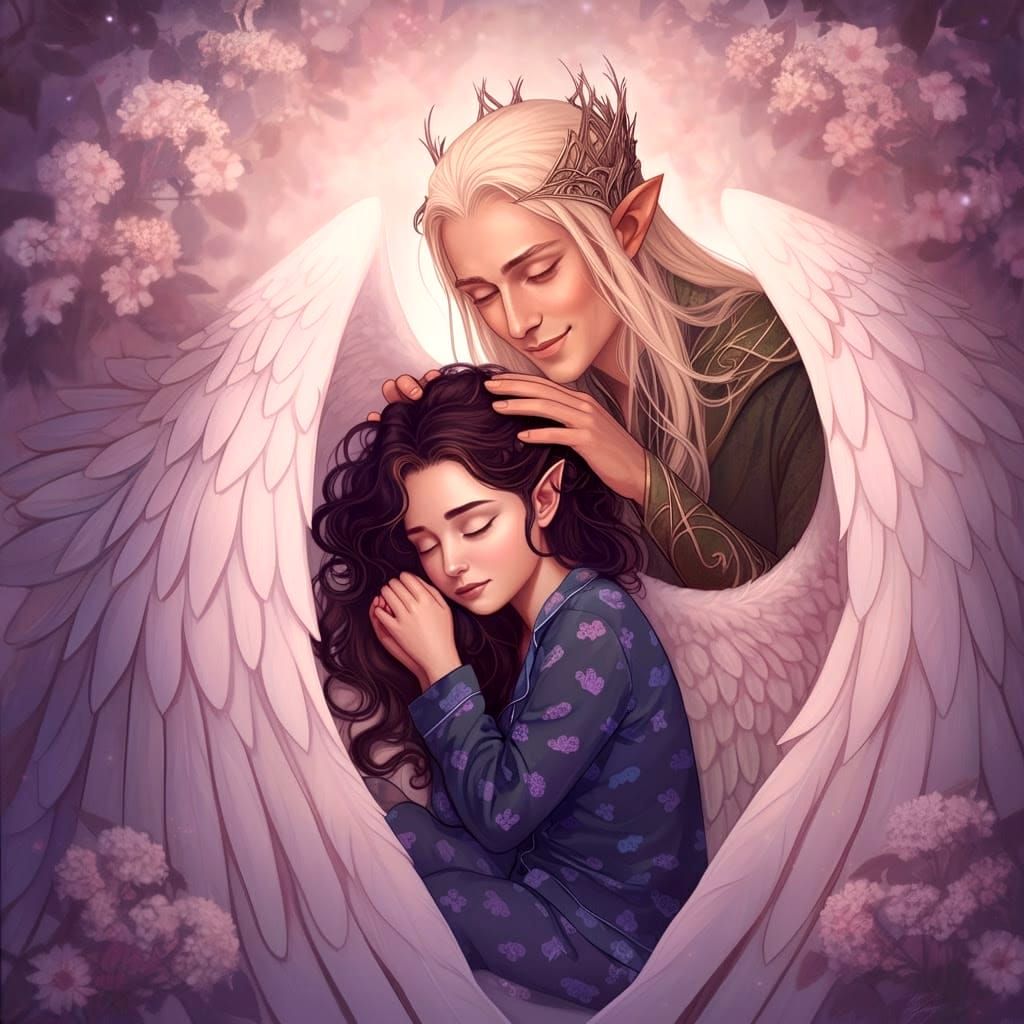 Peaceful Sleep Among Angel Wings and Flowers