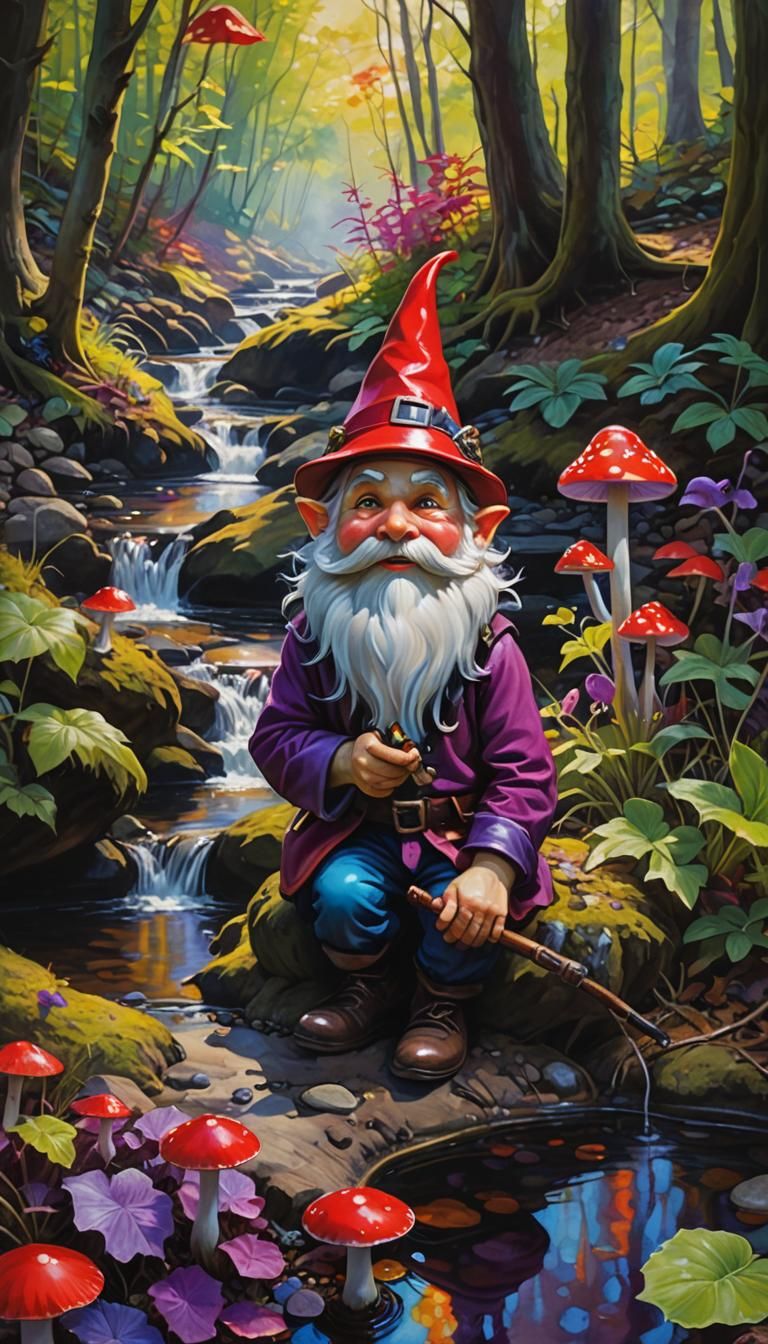 Gnome Under Toadstool: A Surreal Oil Painting