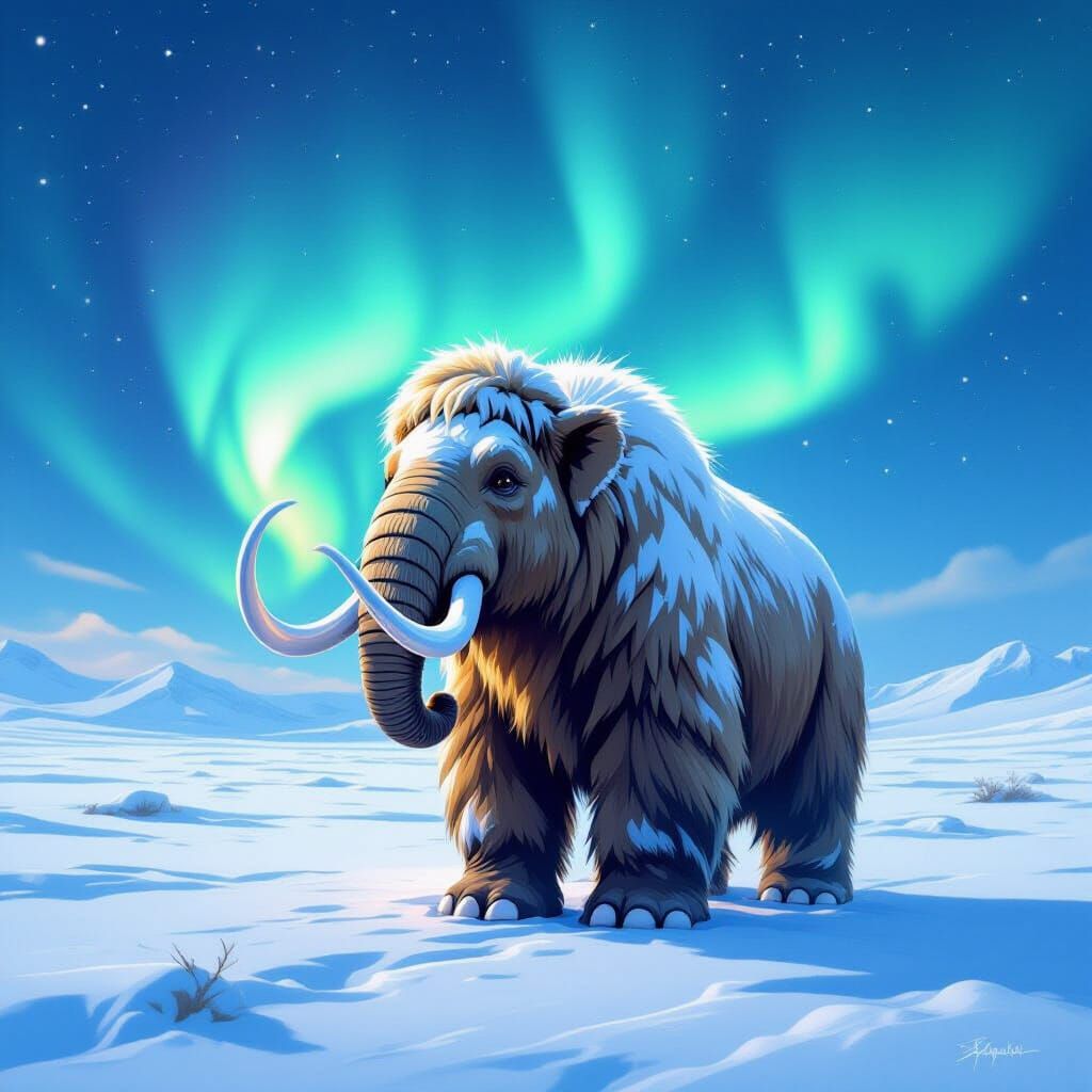 Baby Woolly Mammoth Under Aurora Borealis