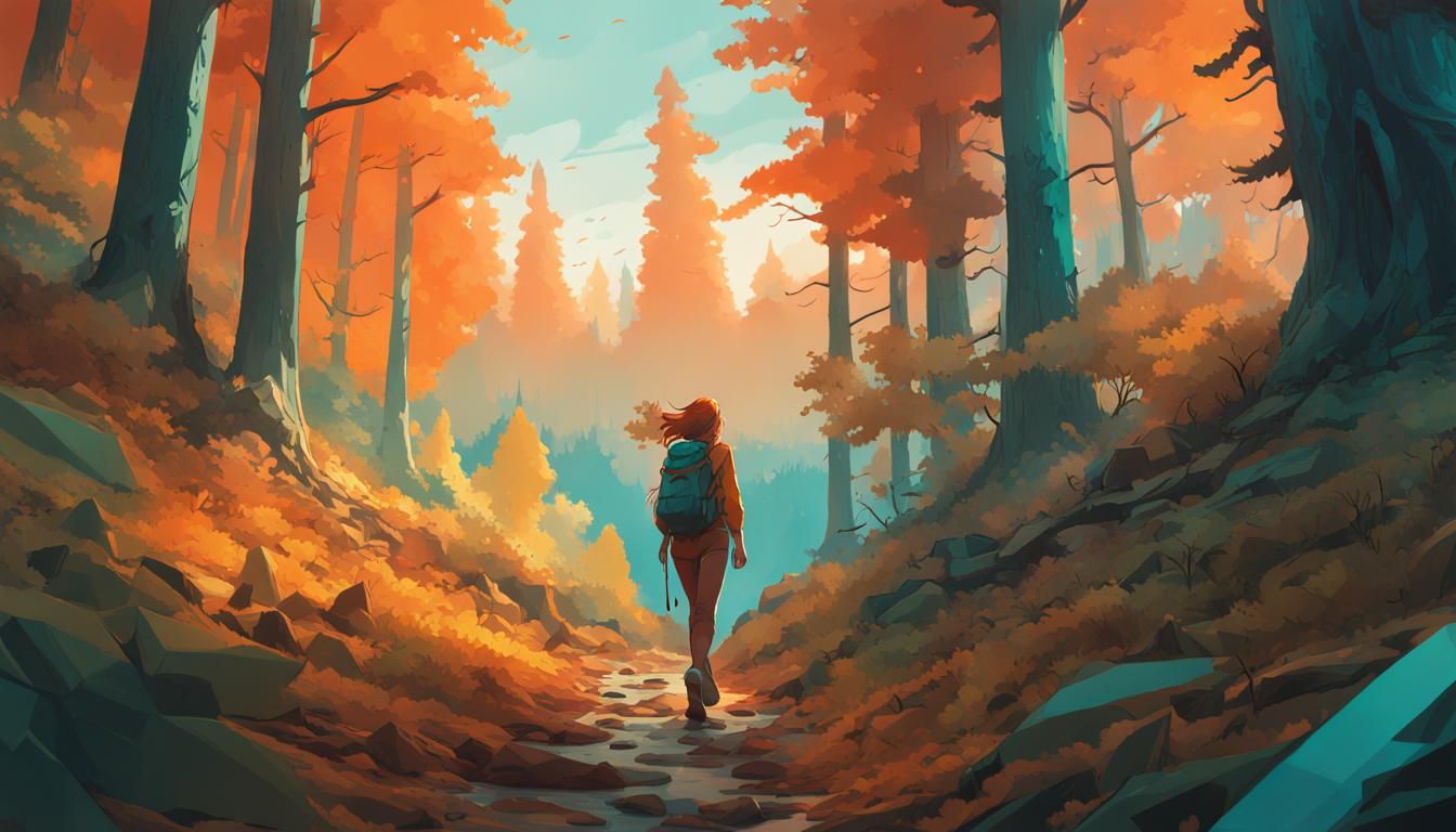 Vintage Postcard of Woman Hiking in Forest