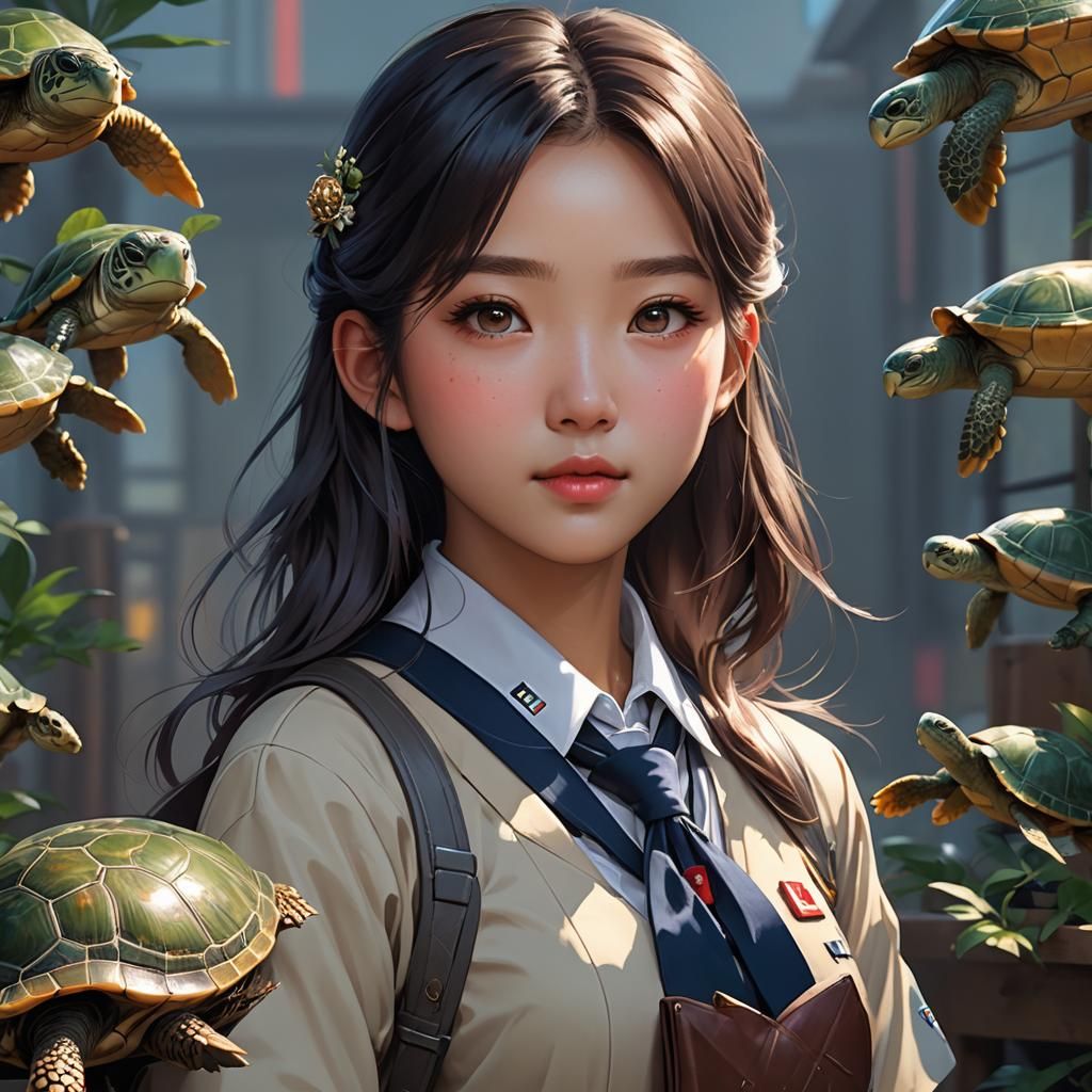 Cute Korean Girl with Turtle: Hyperdetailed Portrait