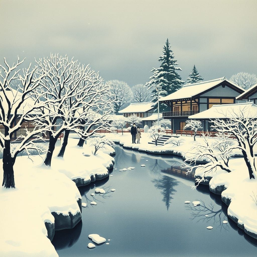 "Snowy Garden at Urayasu," woodblock print, 1932 by kawase  Hasui