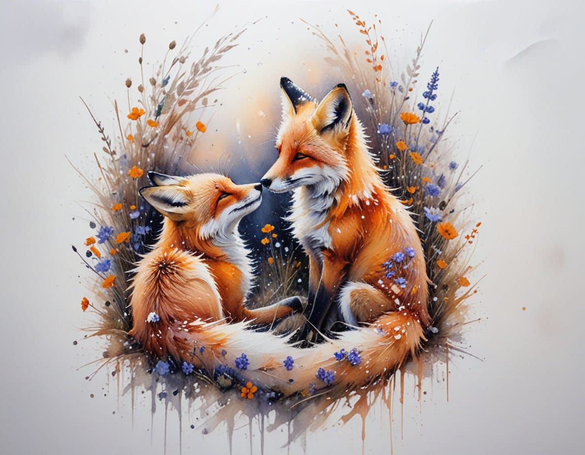 Two Foxes in Snowy Field with Frosted Flowers