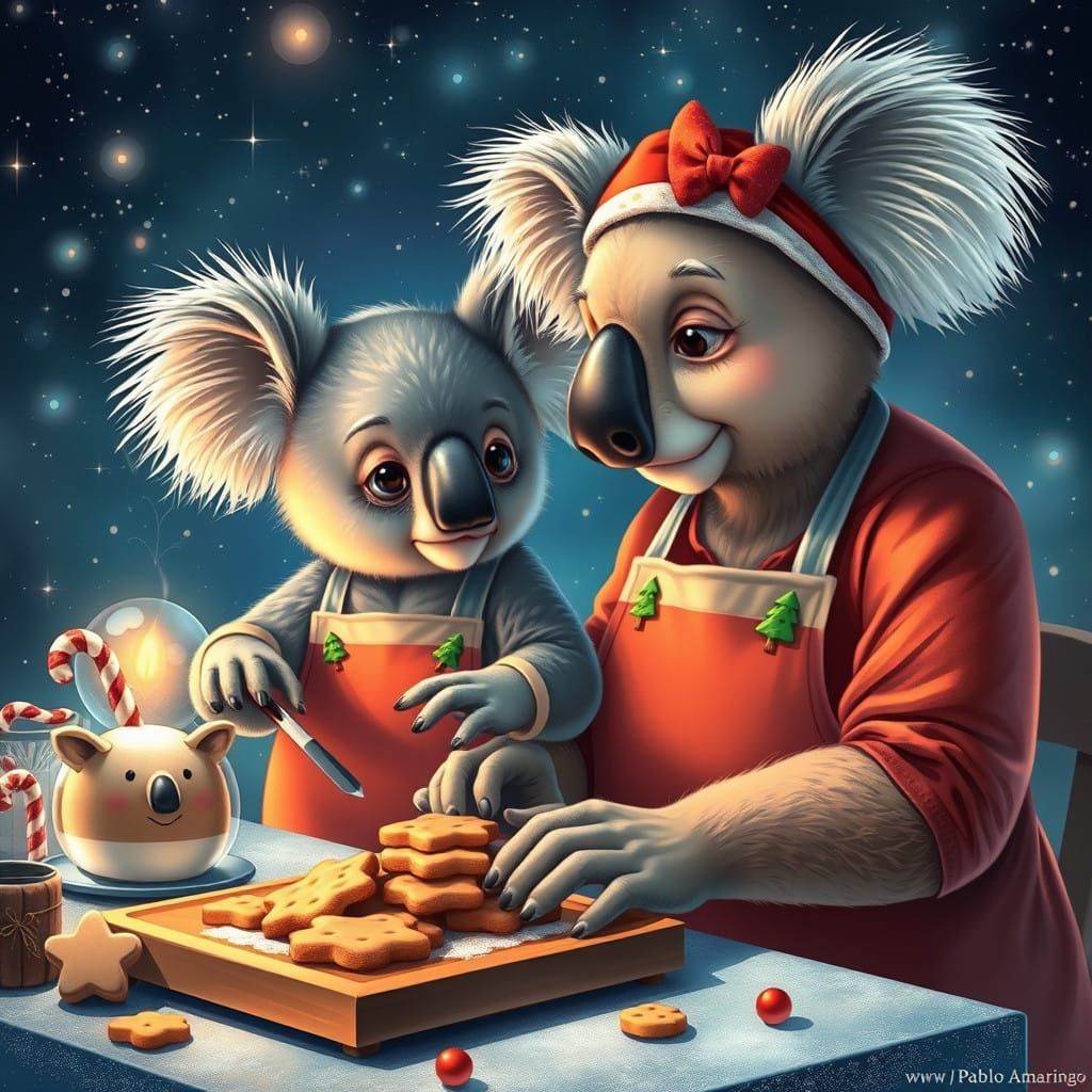 Koala Bear Bakes Christmas Cookies in Cosmic Illustration