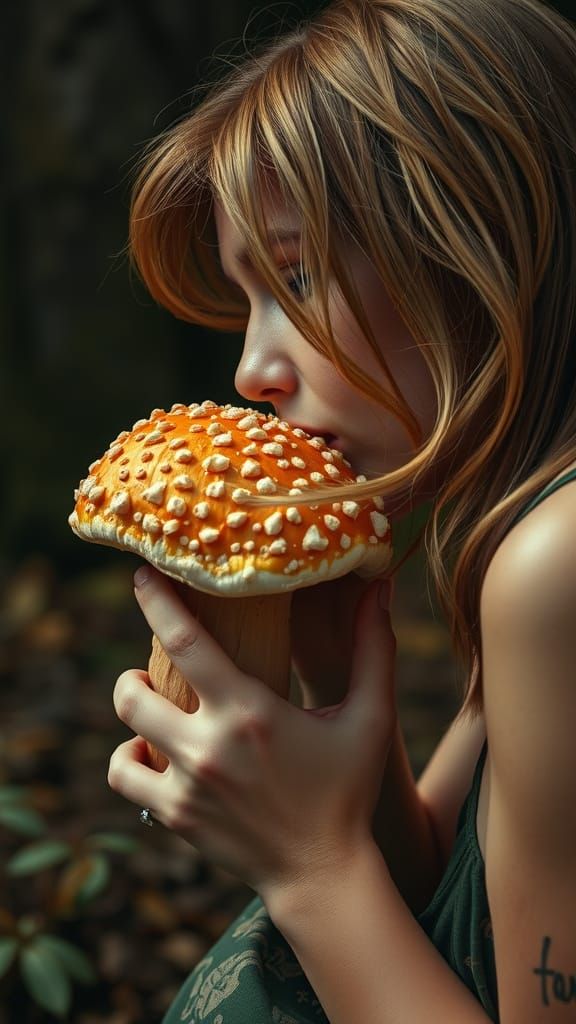 Photorealistic Woman Kisses Morel Mushroom