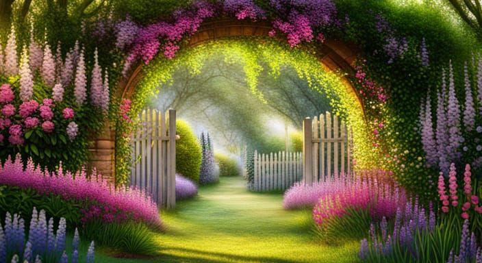 Trellis Archway to a Flower-Filled Garden in 8K