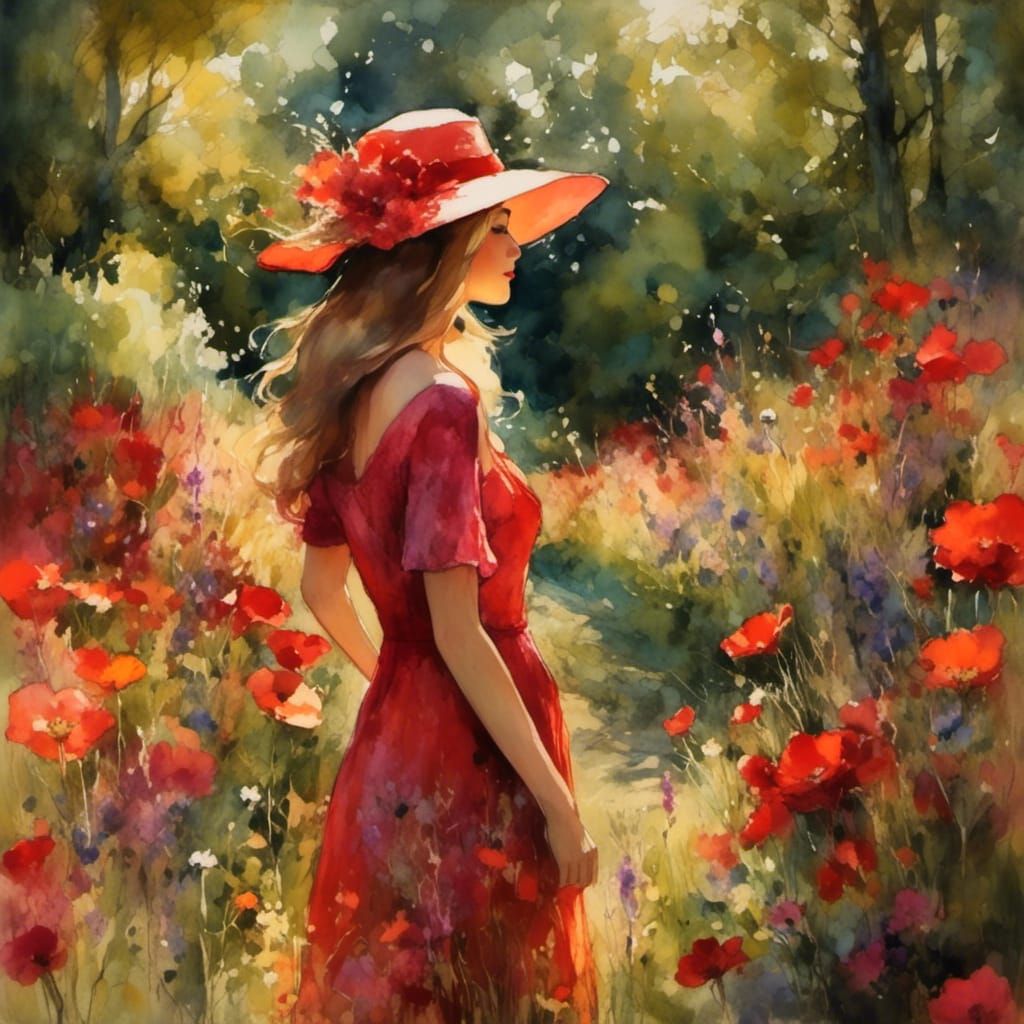 Impressionist Garden Scene with Woman in Red Dress