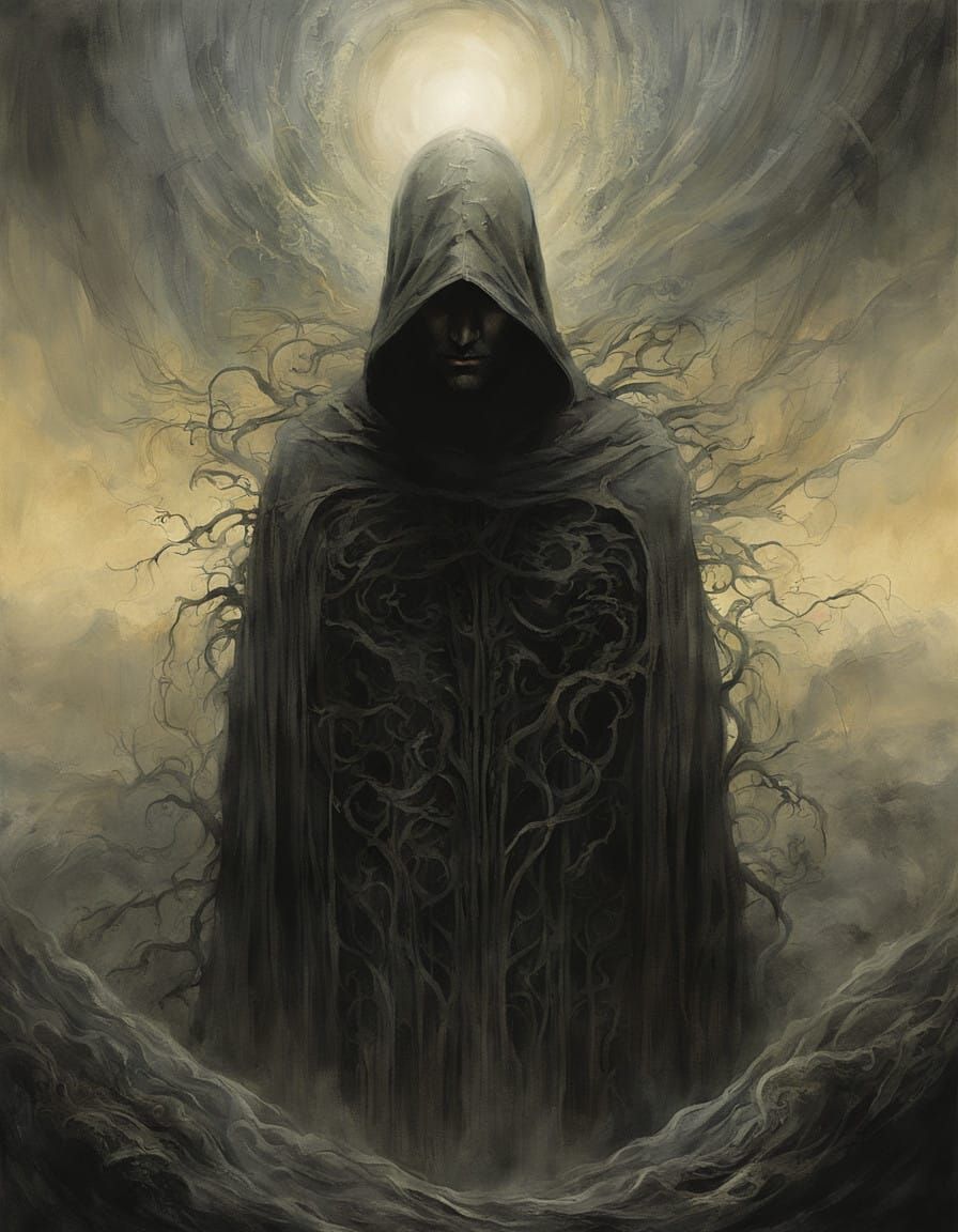 Ghostly Figure Rises Through Smoky Haze Towards Heavenly Lig...