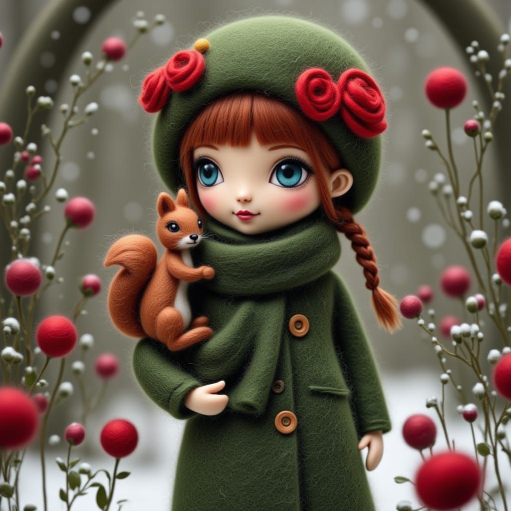 Felt Doll Girl in Snowy Garden with Squirrel and Rose