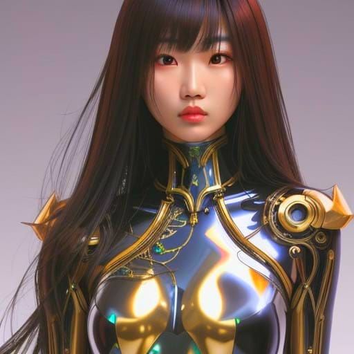 Cyberpunk Asian Woman Wears Shimmering Biomechanical Suit