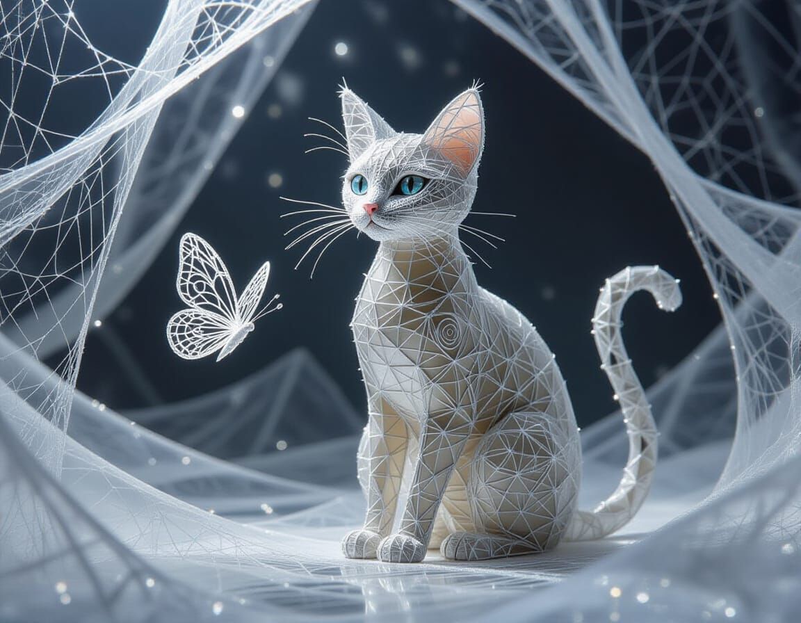 Ethereal Cat and Butterfly Made of Shimmering Cobwebs