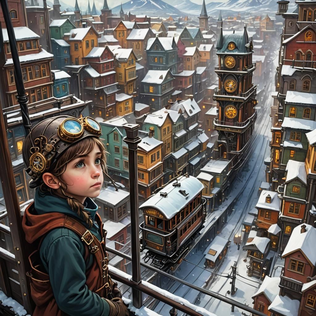 Steampunk Child Takes in the Vibrant Cityscape