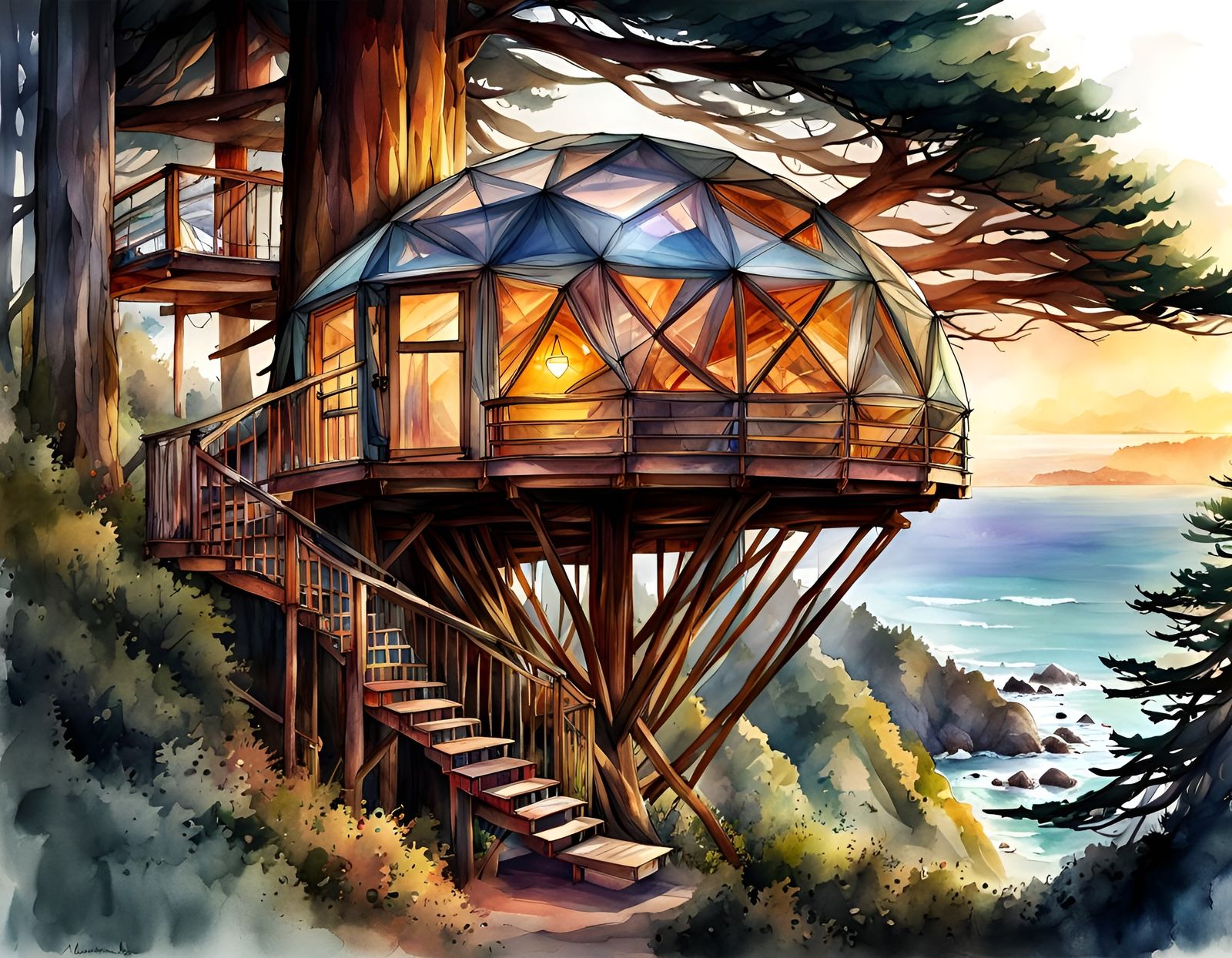 Big Sur Treehouse Glamping: Watercolor Illustration