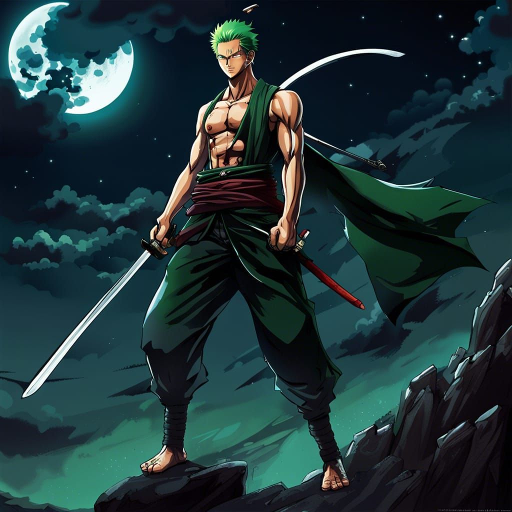 Roronoa Zoro on Cliff Under Moonlight, Anime Style