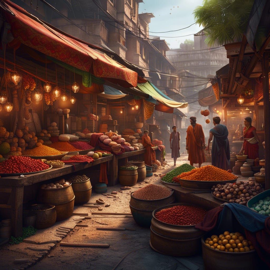 Vibrant Indian Street Market: Fantasy Concept Art