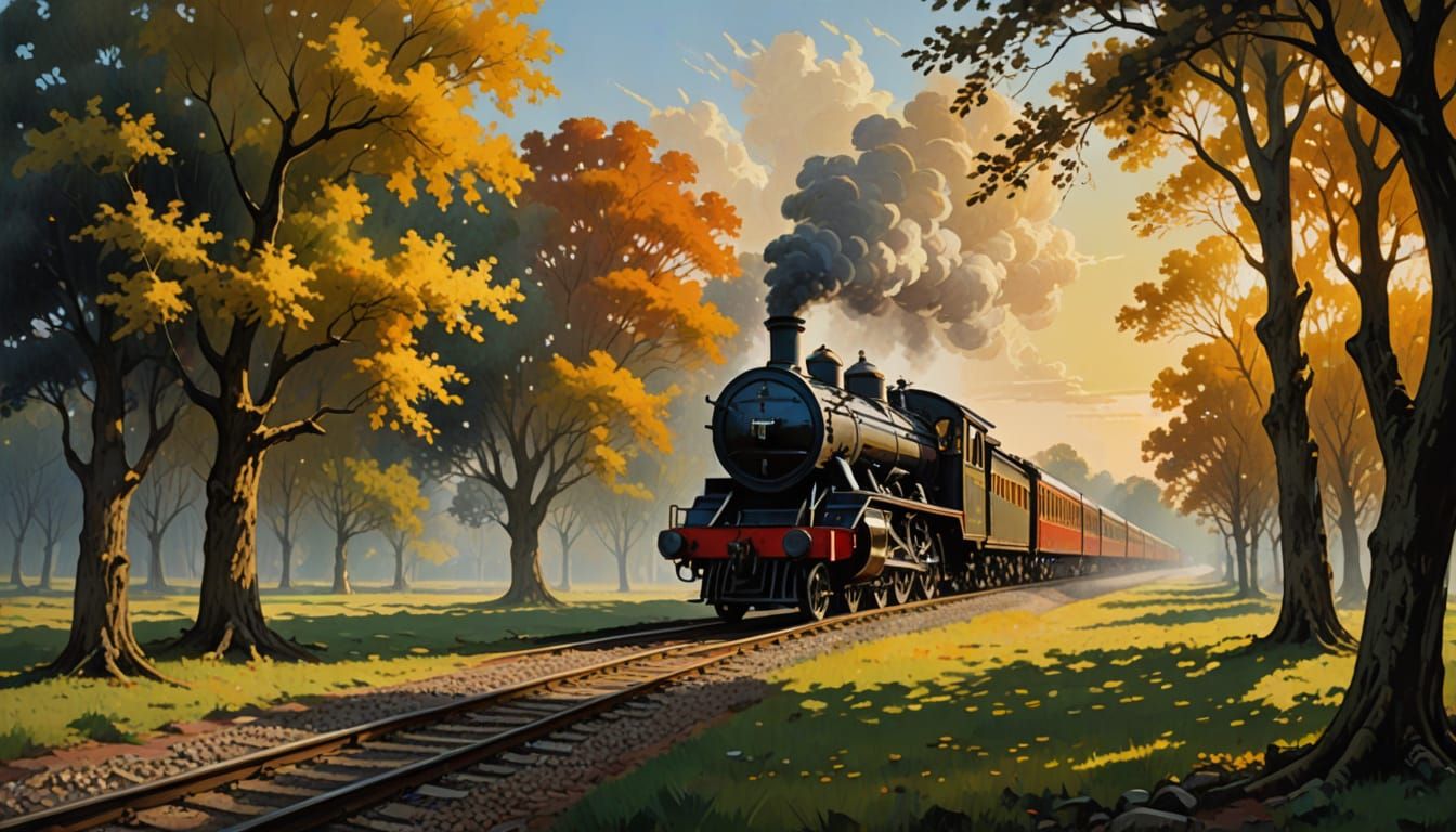 Modern Train in Baroque Style Landscape Painting