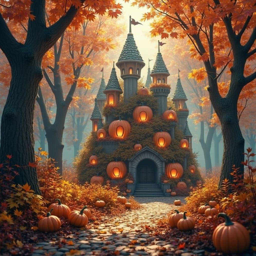 Autumn Fairy Forest with Pumpkin Castle, Fantasy Landscape
