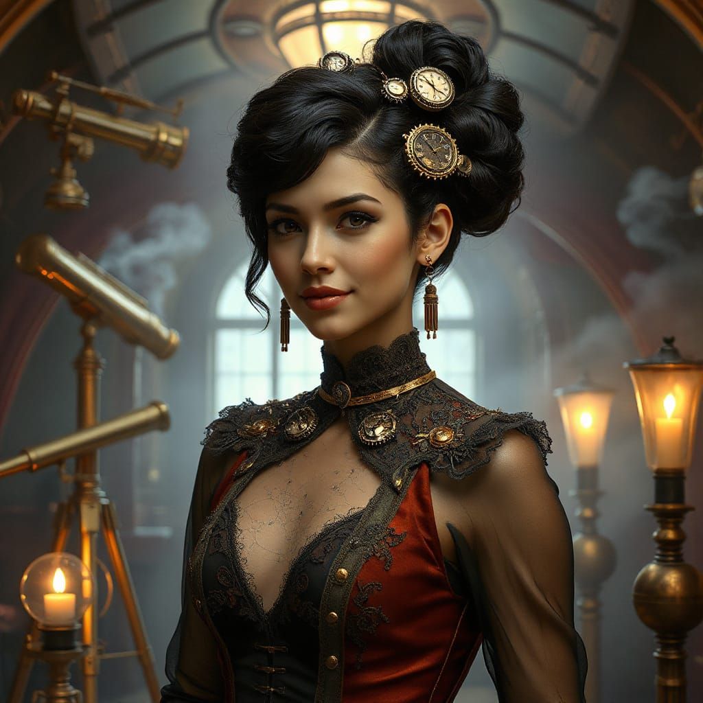 Enchanting Cyberpunk Aristocrat in Opulent Steampunk Observa...
