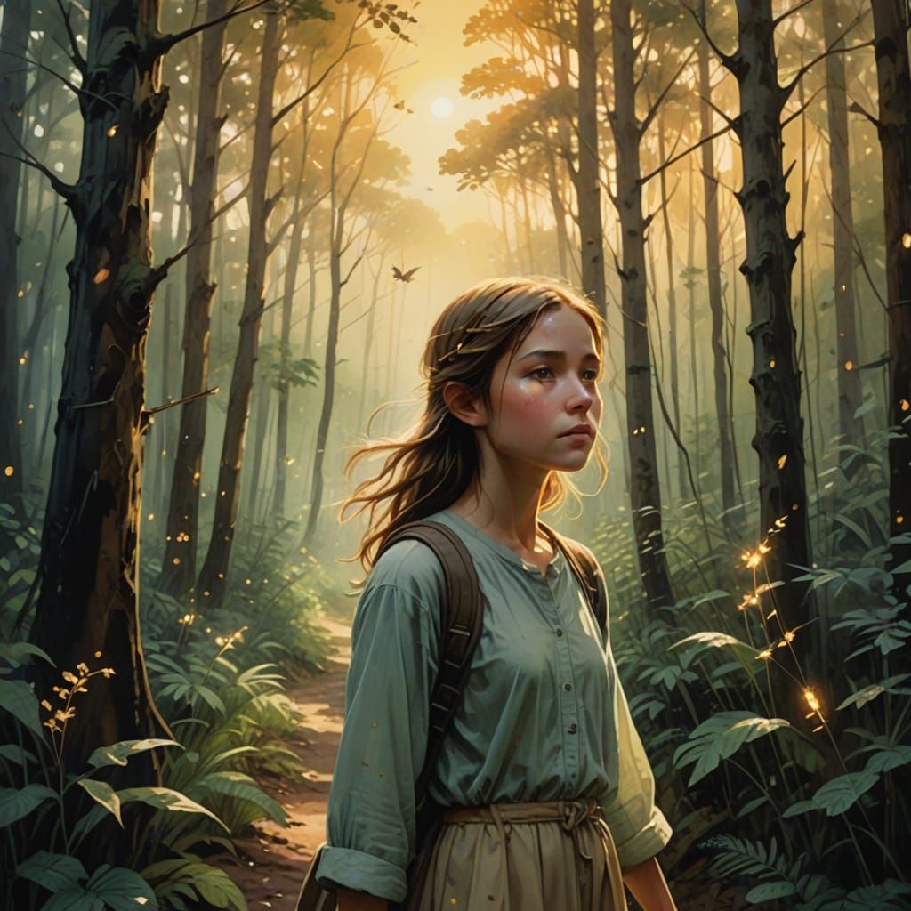 Young Girl Embarks on a Whimsical Forest Journey in Watercol...
