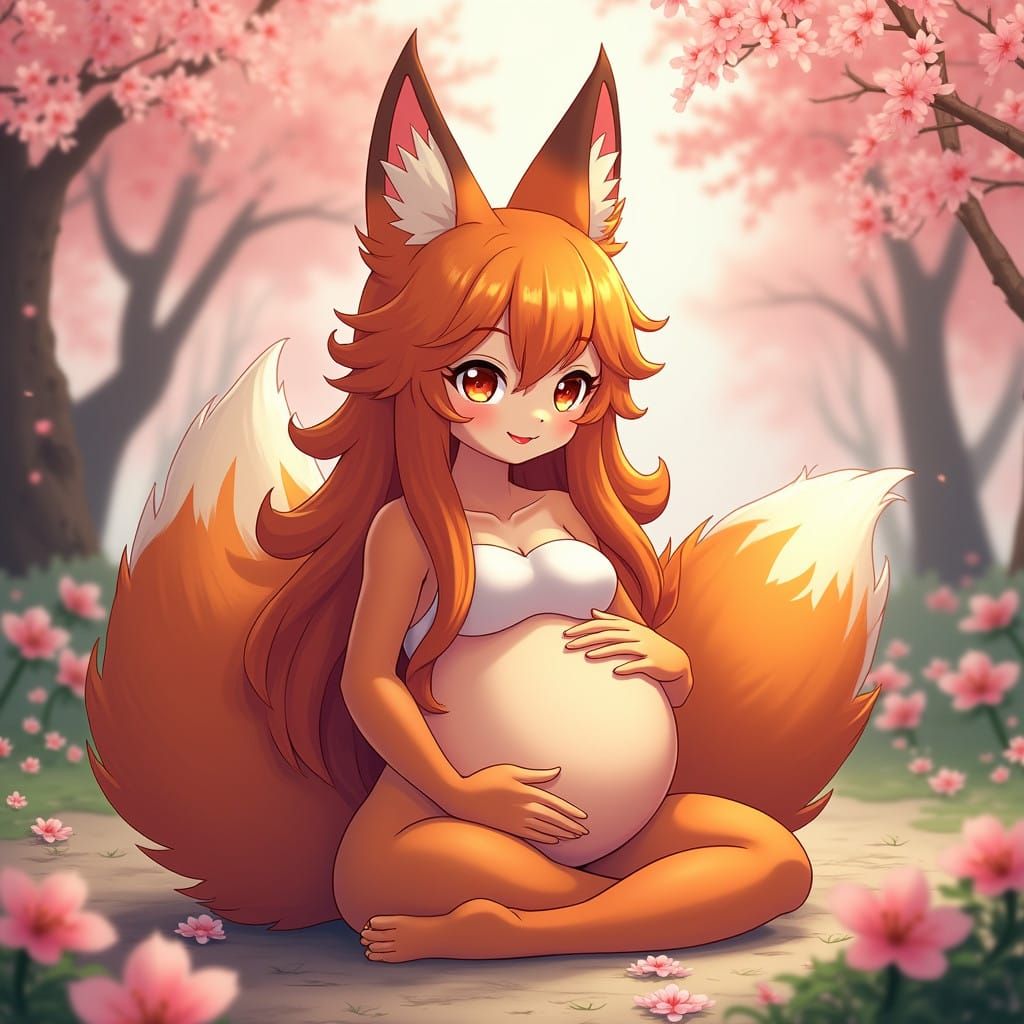 Serene Fox Girl Cradles Unborn Child in Japanese Garden