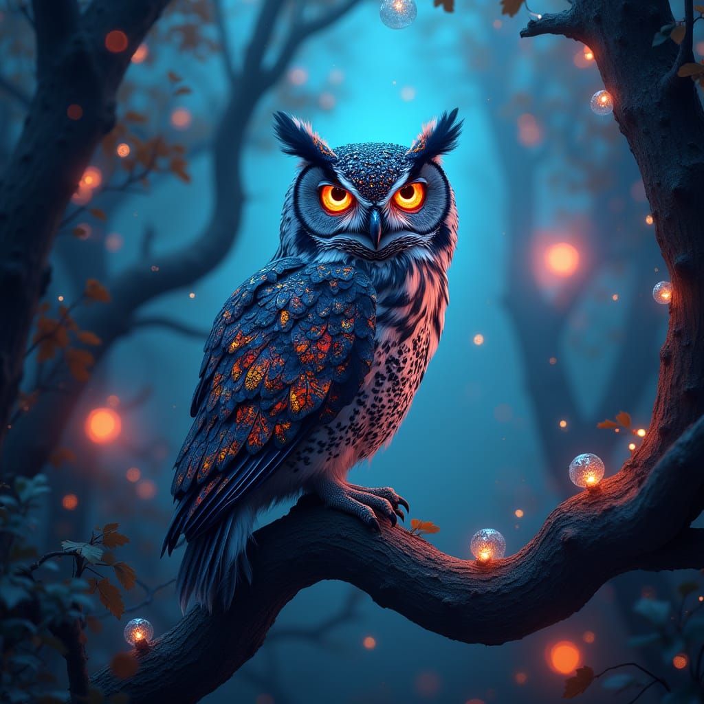 Wise Owl with Stained Glass Feathers in Neon Forest