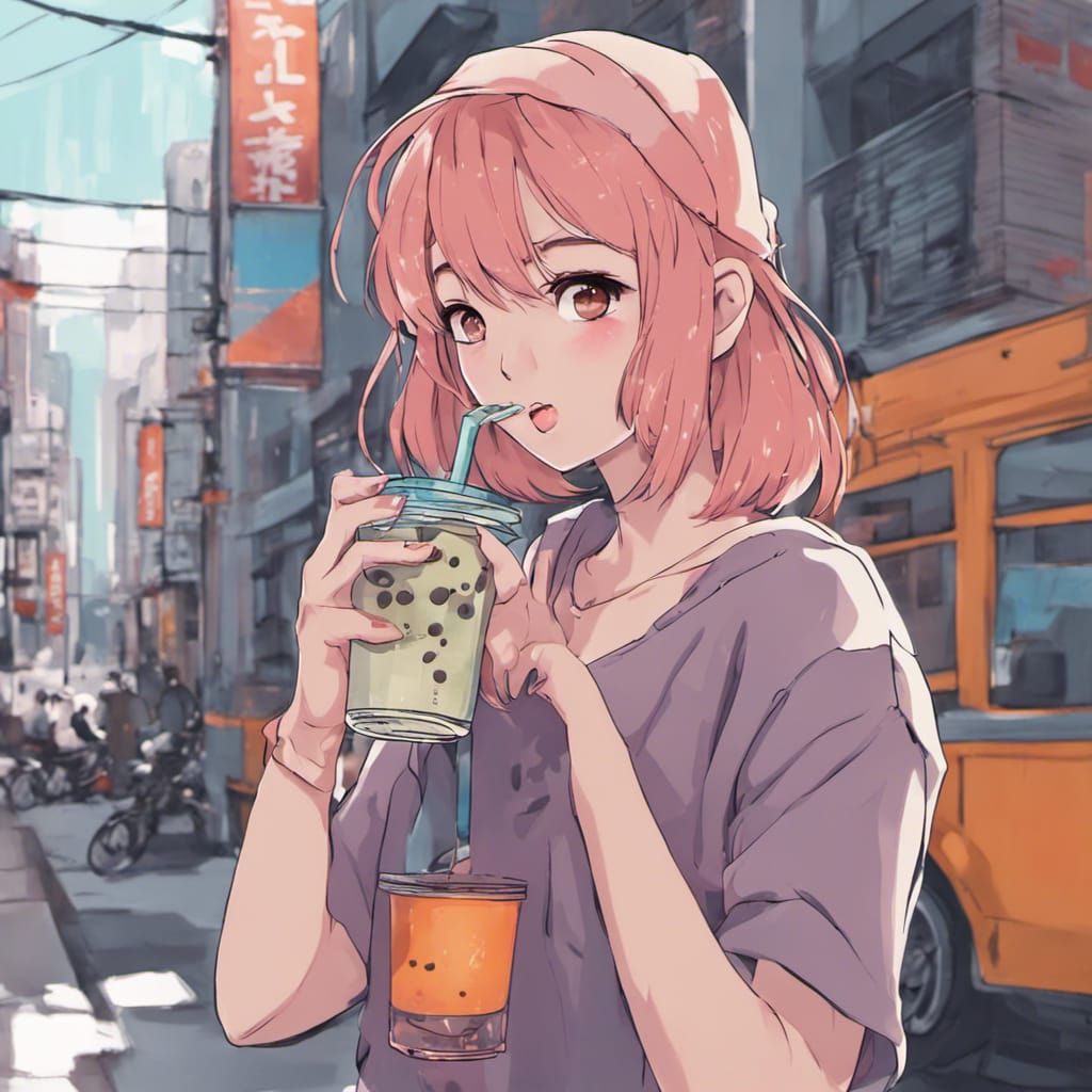Anime Girl with Boba Tea in Lo-Fi Urban Scene