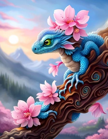 Adorable Cherry Blossom Dragon Hatchling, 3D Render
