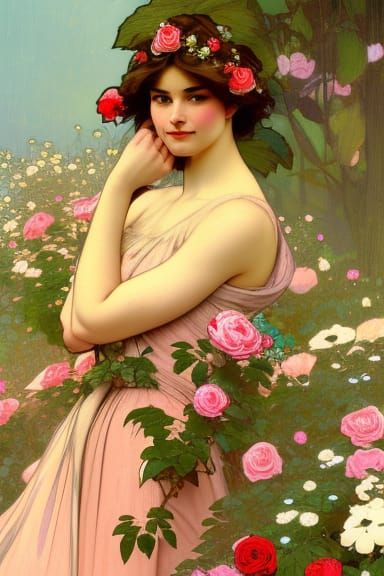 Woman in Rose Garden: Art Nouveau Portrait
