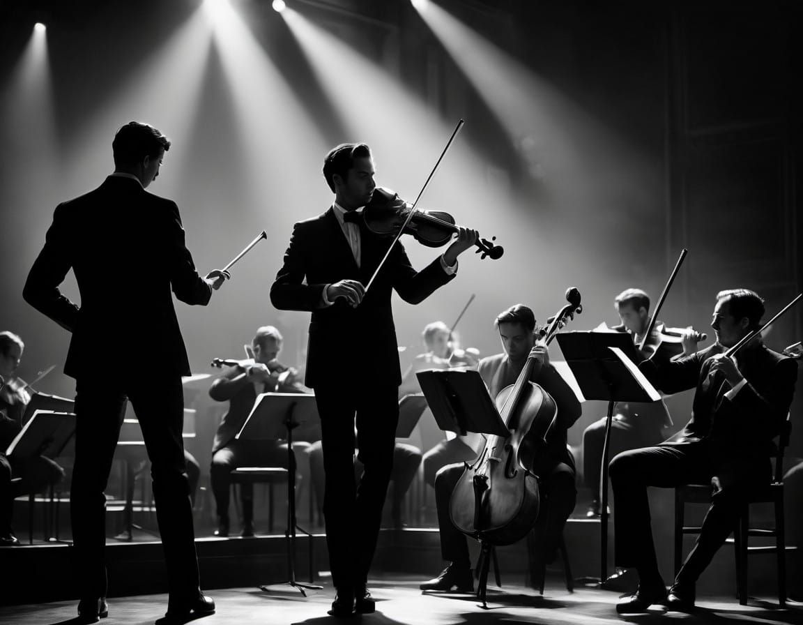 Silhouetted Musicians in Moody, High-Contrast Black-and-Whit...