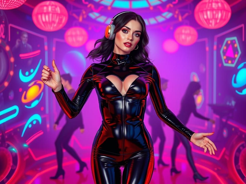 Busty Spacewoman Dancing in Retro Disco Glam Style