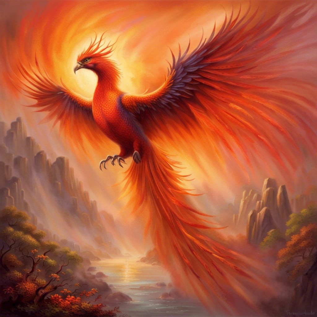 Fiery Phoenix in Ethereal Fantasy Landscape