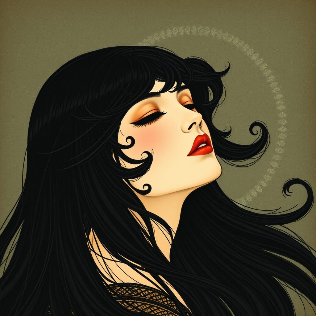 Art Nouveau Woman with Flowing Black Hair
