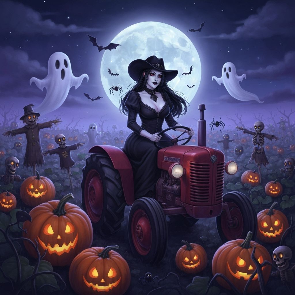Goth Woman Rides Tractor in Spooky Pumpkin Patch