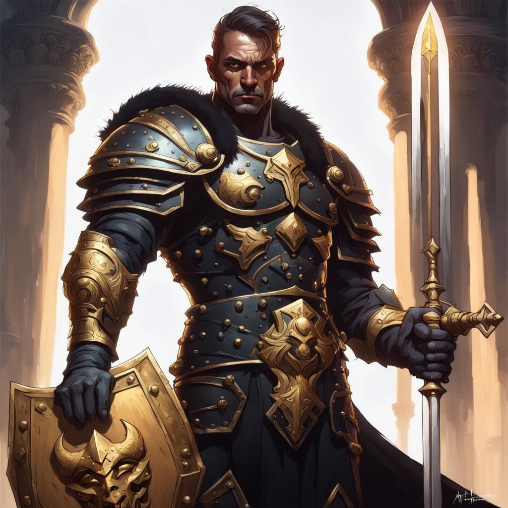 Frank frezetta like muscular King in a blck armor holding a golden sword standing on is trown, head and shoulders portra...