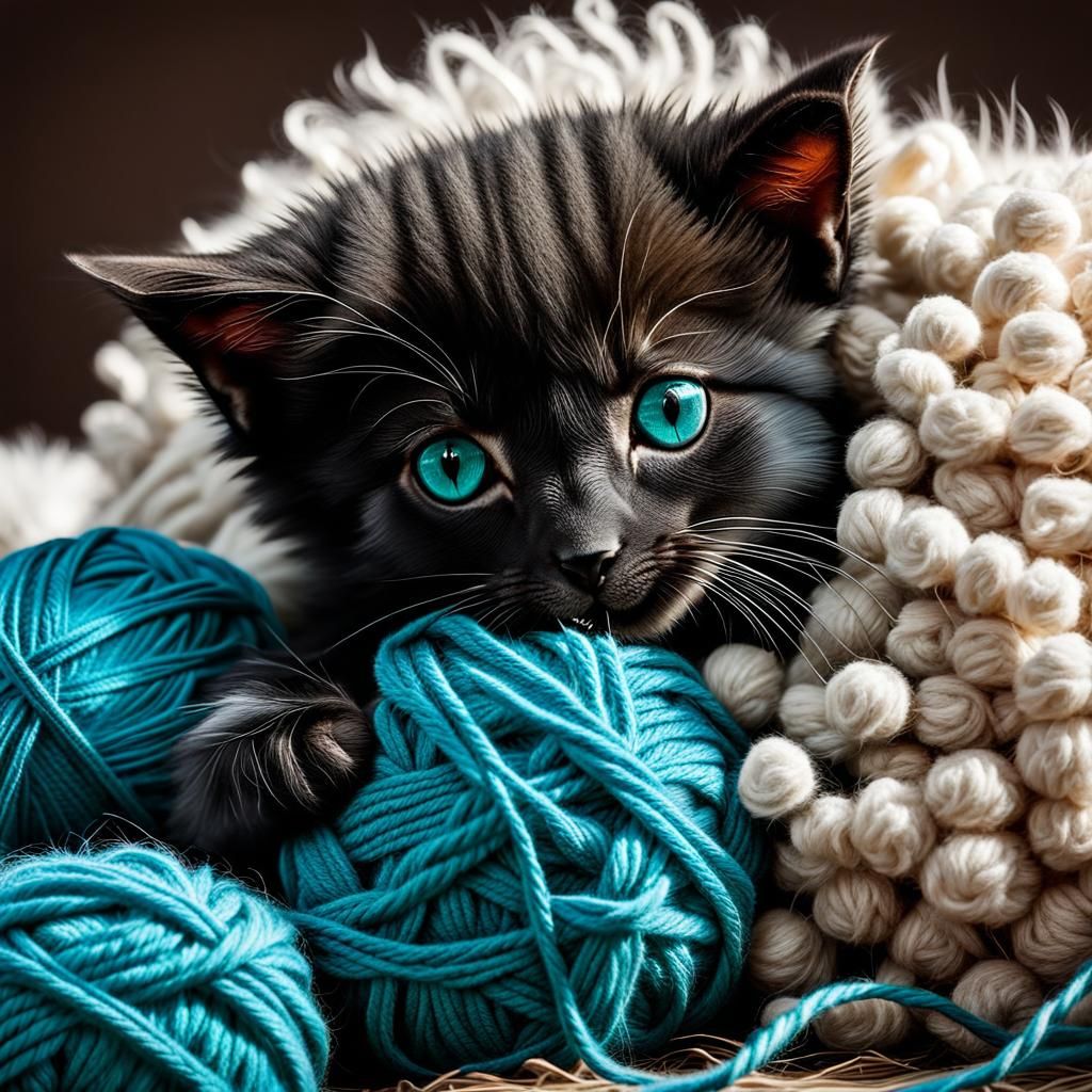 Hyper-Realistic Kitten Playing with Wool