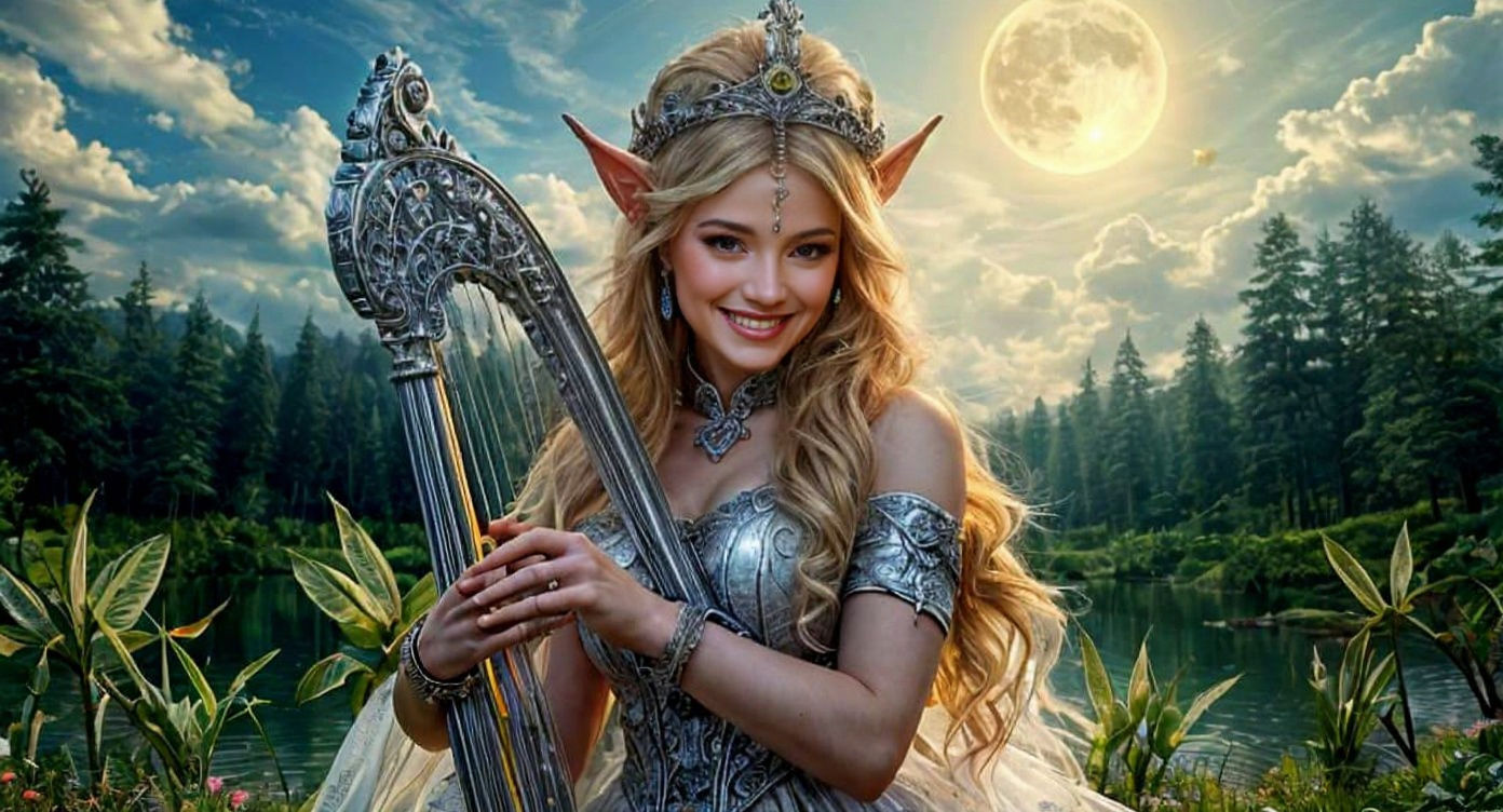 Magnificent Elf Woman Plays Harp in Serene Forest