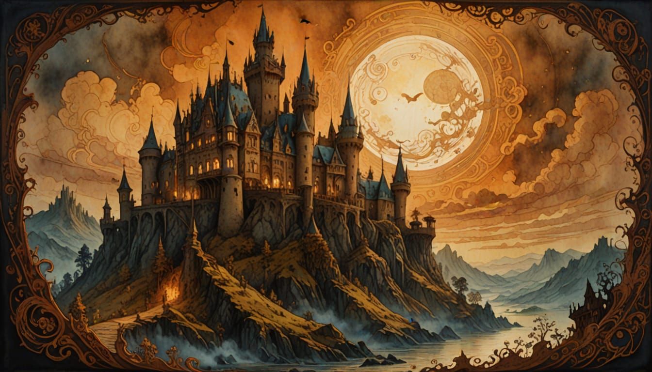 Bourscheid Castle Halloween Ghosts in Antique Watercolor Sty...