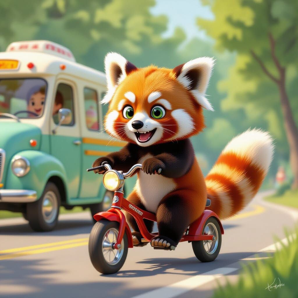 Red Panda Rides Tricycle Past Ice Cream Truck