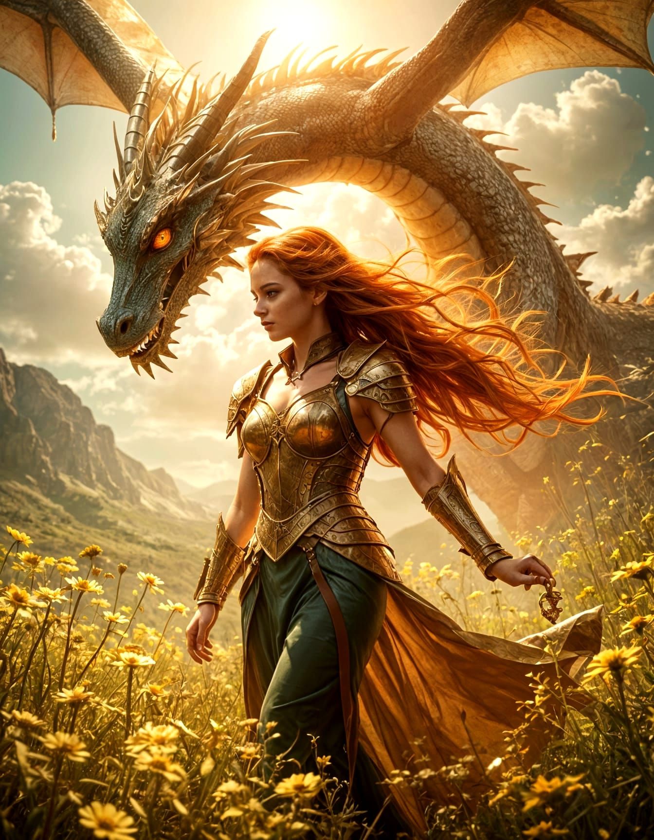 Dragon Tamer in Sunlit Meadow with Majestic Air Dragon