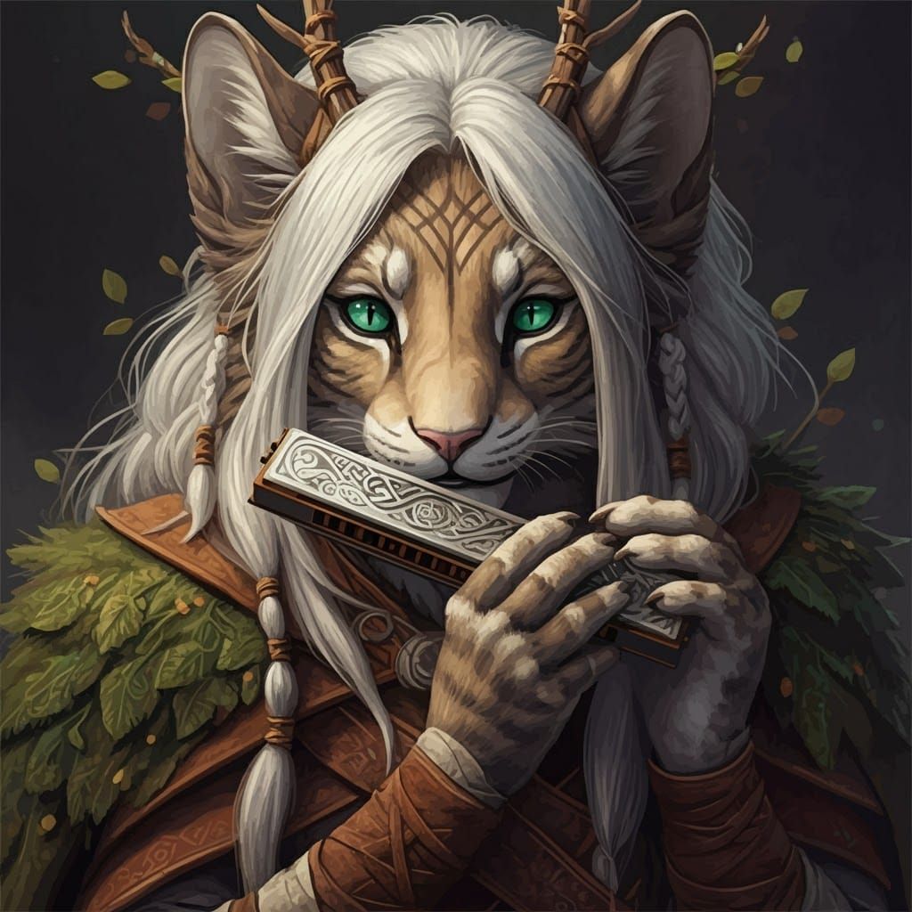 Anthropomorphic Tabaxi Bard with Silver Harmonica