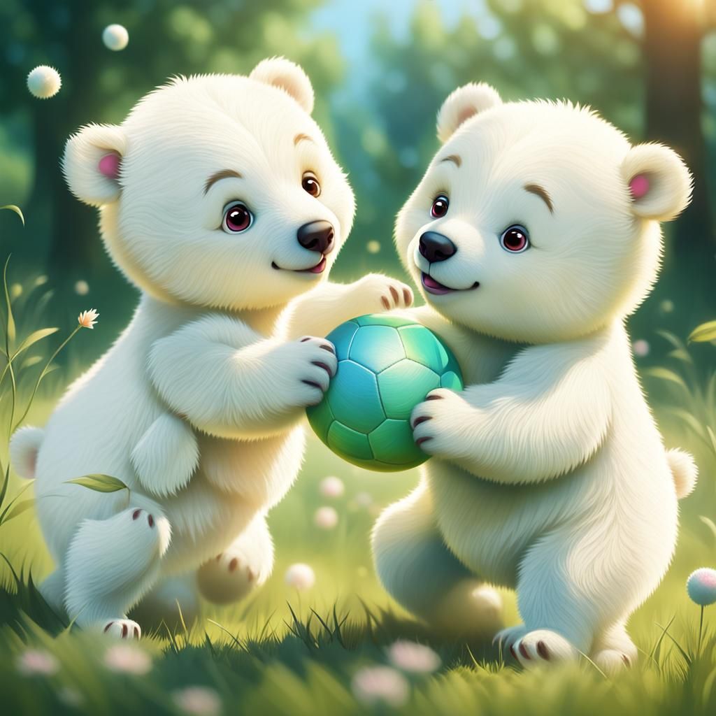 White Bear Cubs Play in Sunny Meadow: Pixar Style