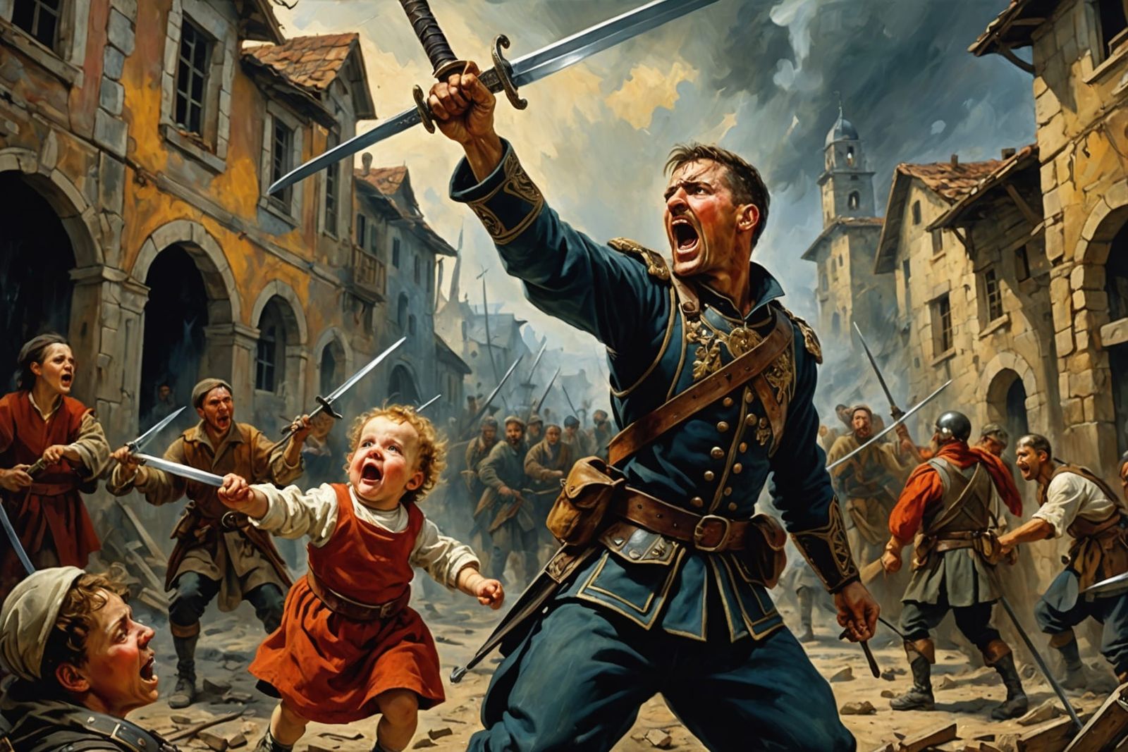 Fierce Soldier in Chaotic Village, Rubens Style