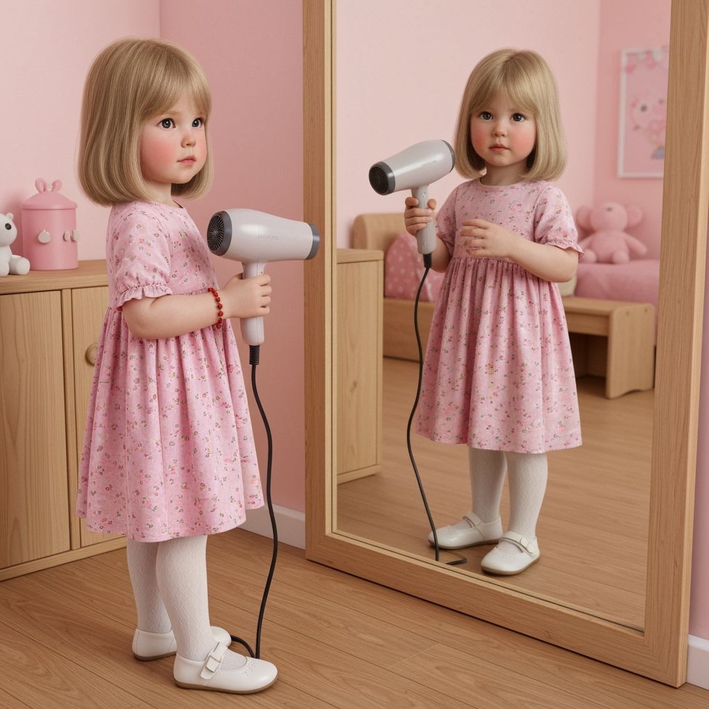 Realistic 3-Year-Old Girl Drying Hair in Pink Dress