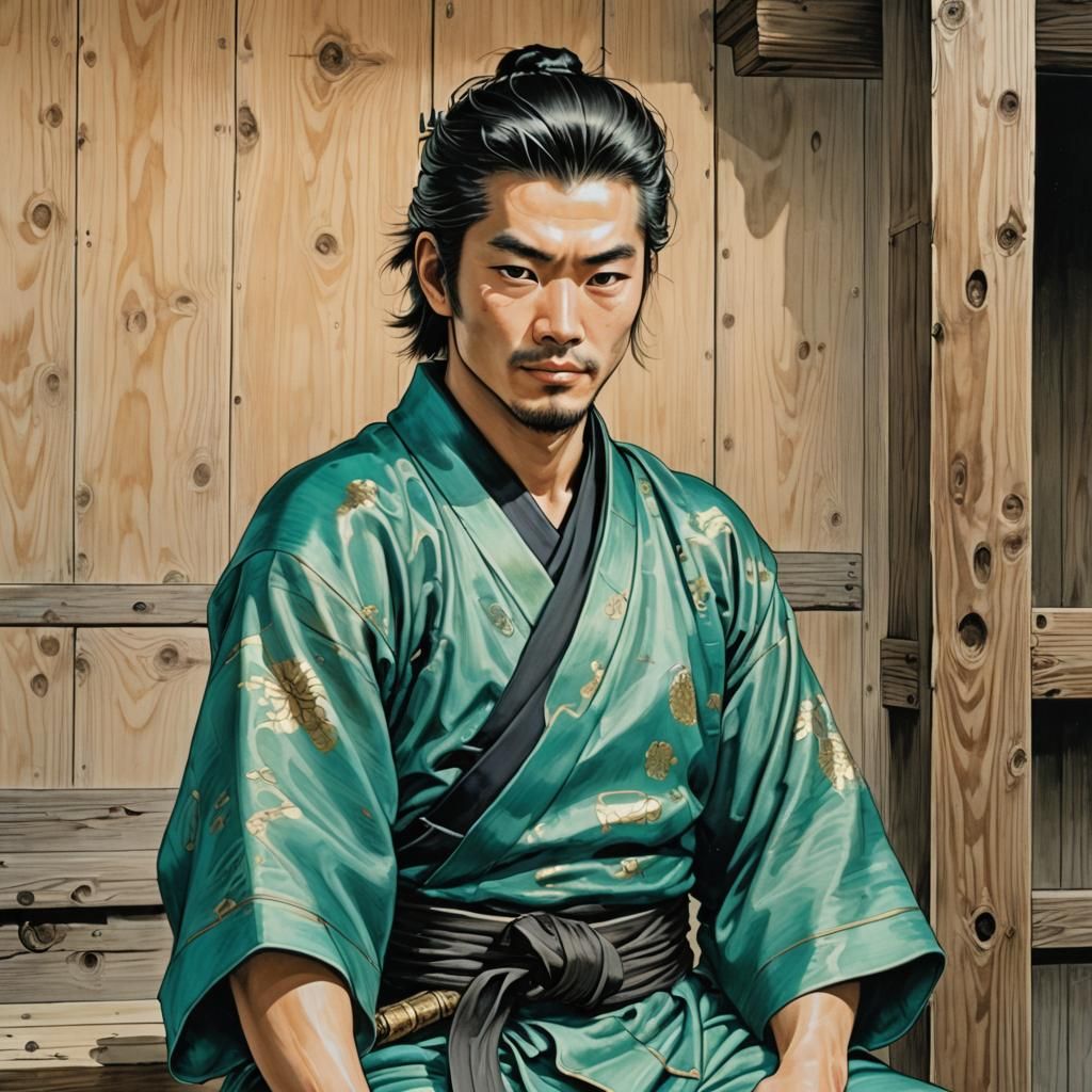 Smiling Samurai in Kimono, Edo Style Art