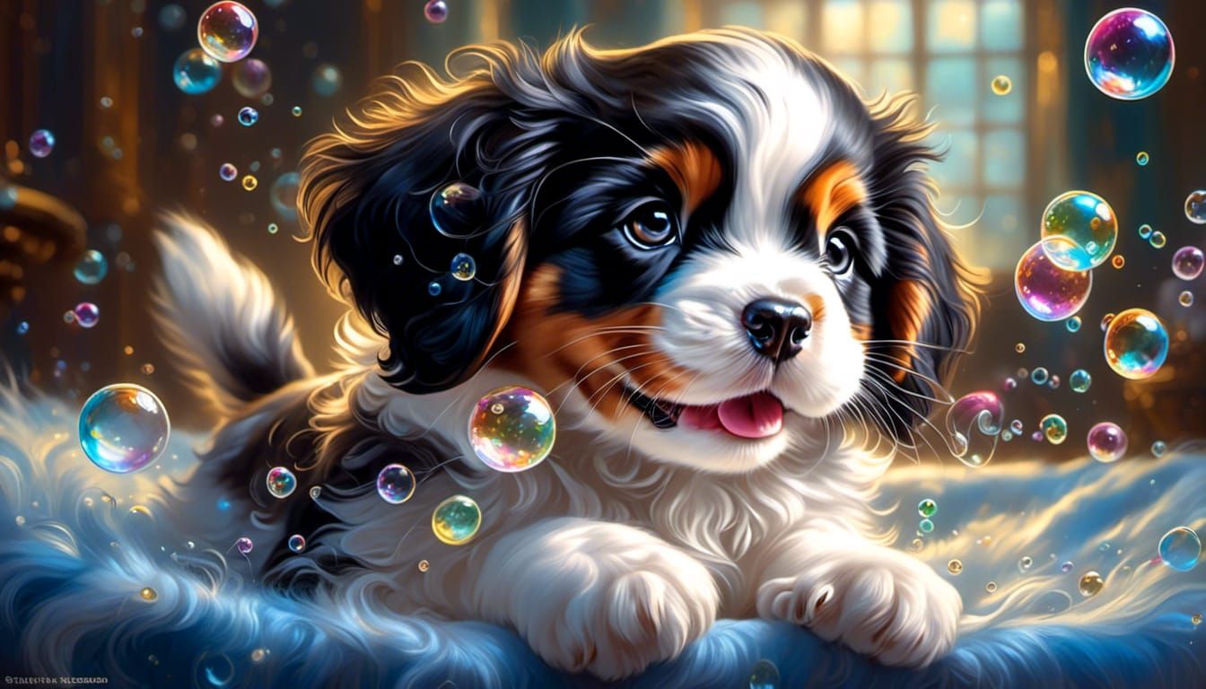 Puppy and Kitten Play with Bubbles: Artstation Photo