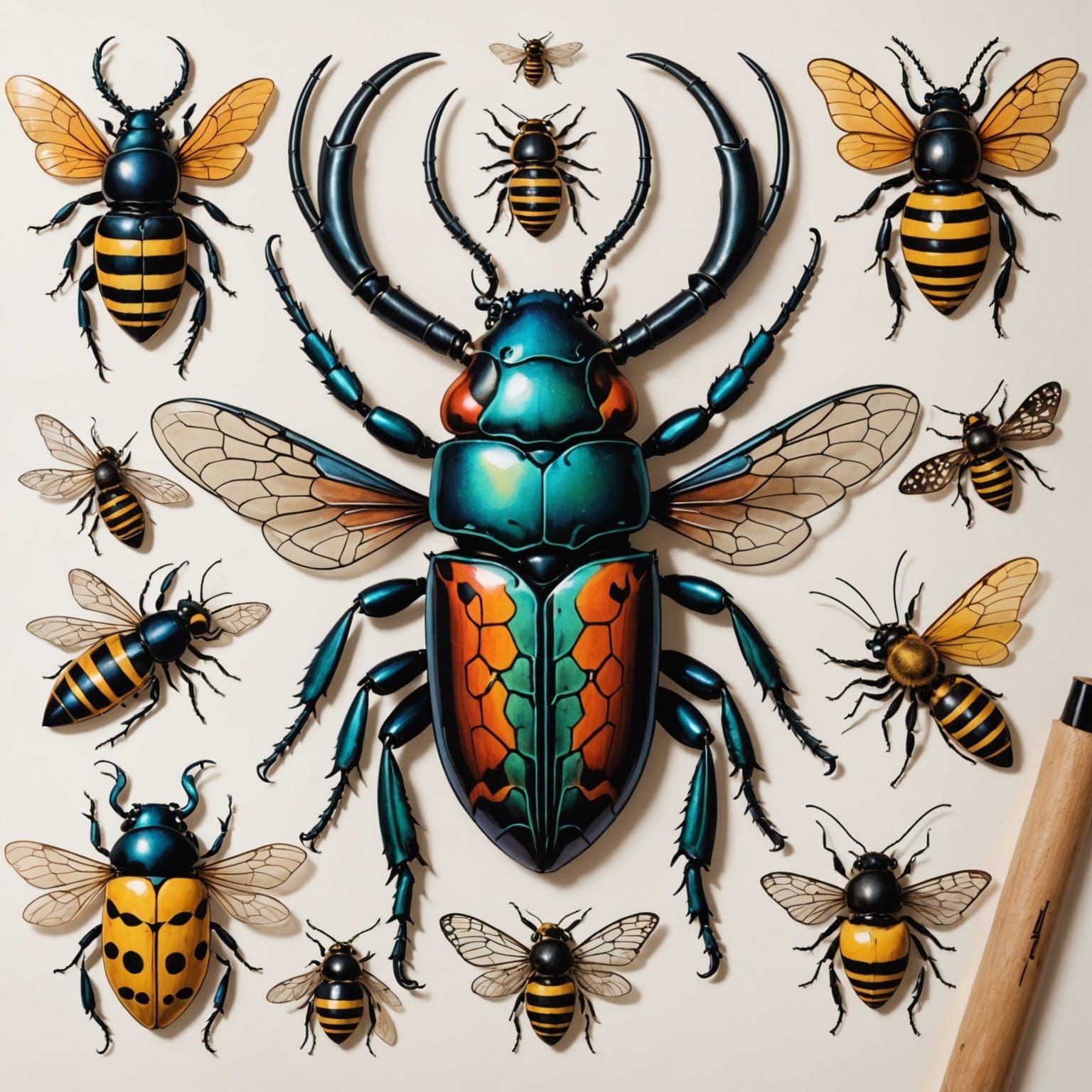 Stylized Insect Flash Tattoo Sheet in Traditional Style