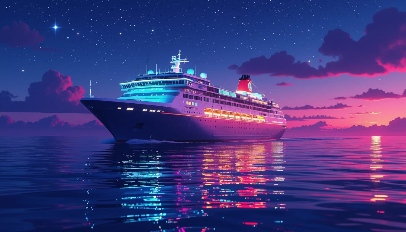 Synthwave Cruise Ship at Midnight Under Stars