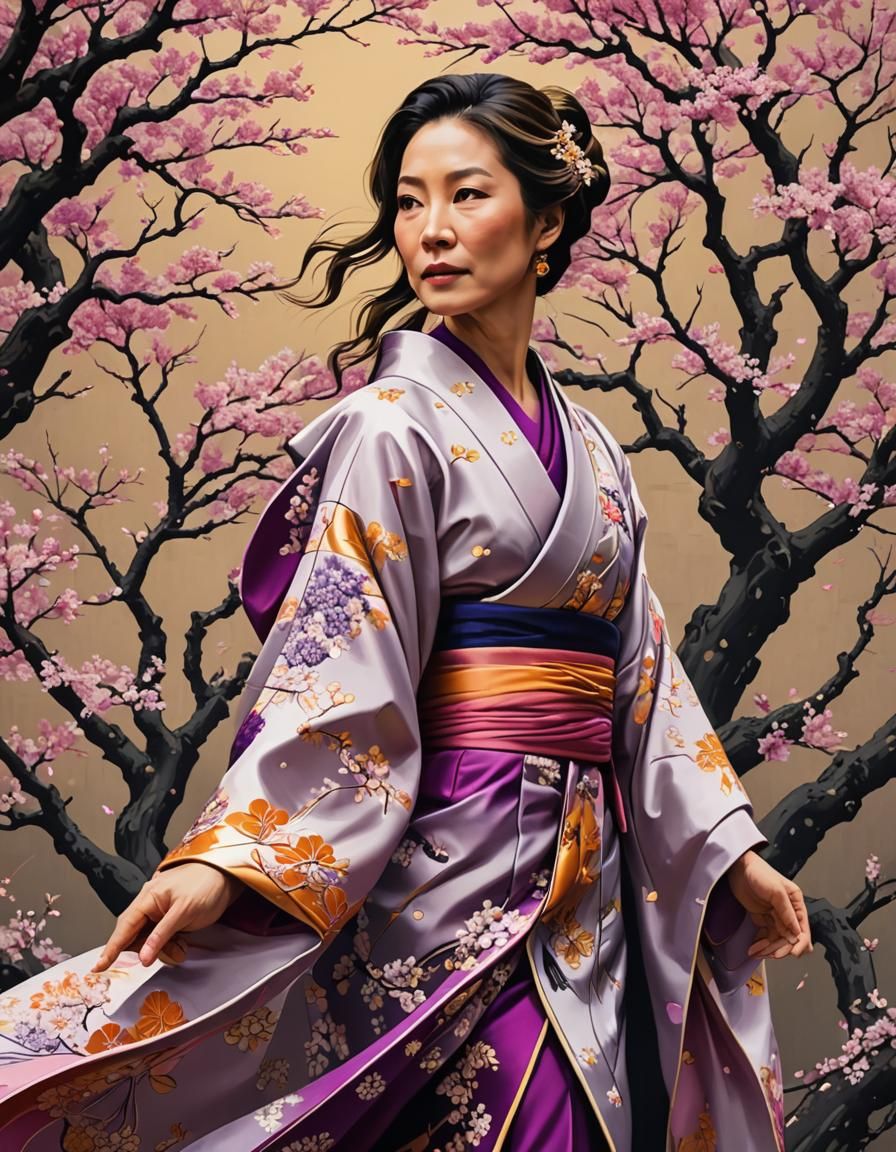 Michelle Yeoh in a Cherry Blossom Kimono in a Golden Cherry Blossom Orchard
