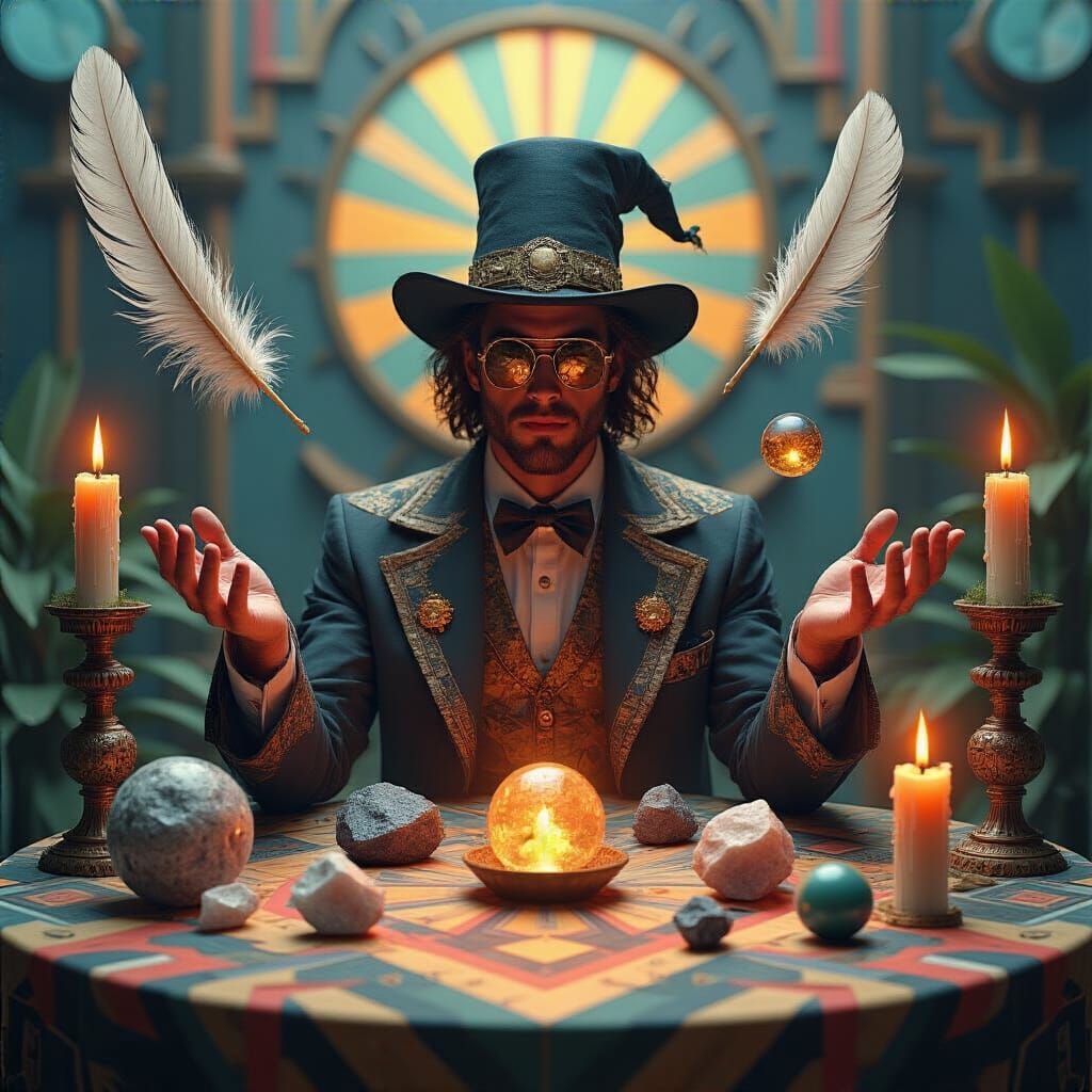 Magician in 80s Attire with Elements in Art Deco